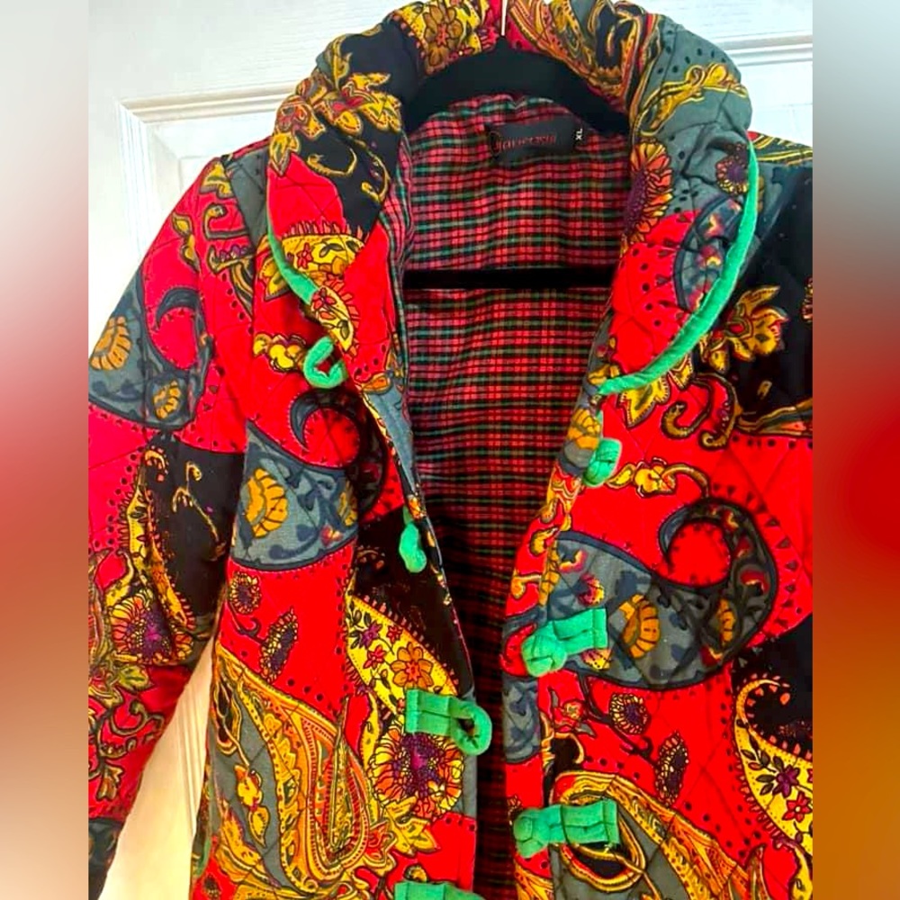 Quilted paisley coat with frog closures